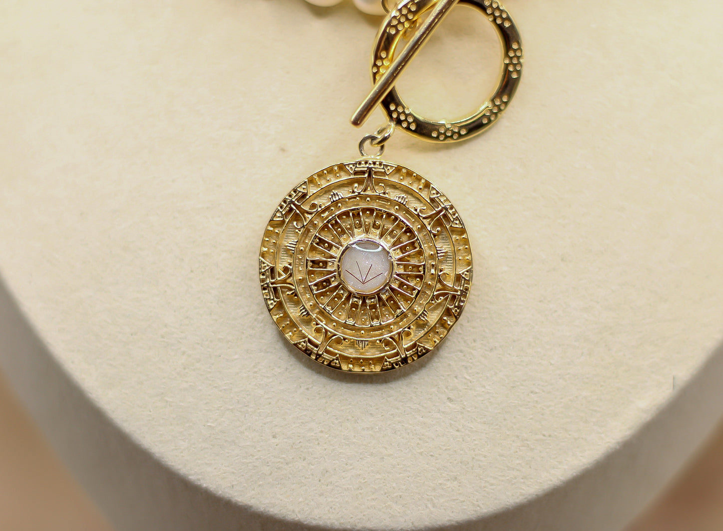 Women's Aztec Sun Freshwater Pearl Toggle Necklace with letter of authenticity