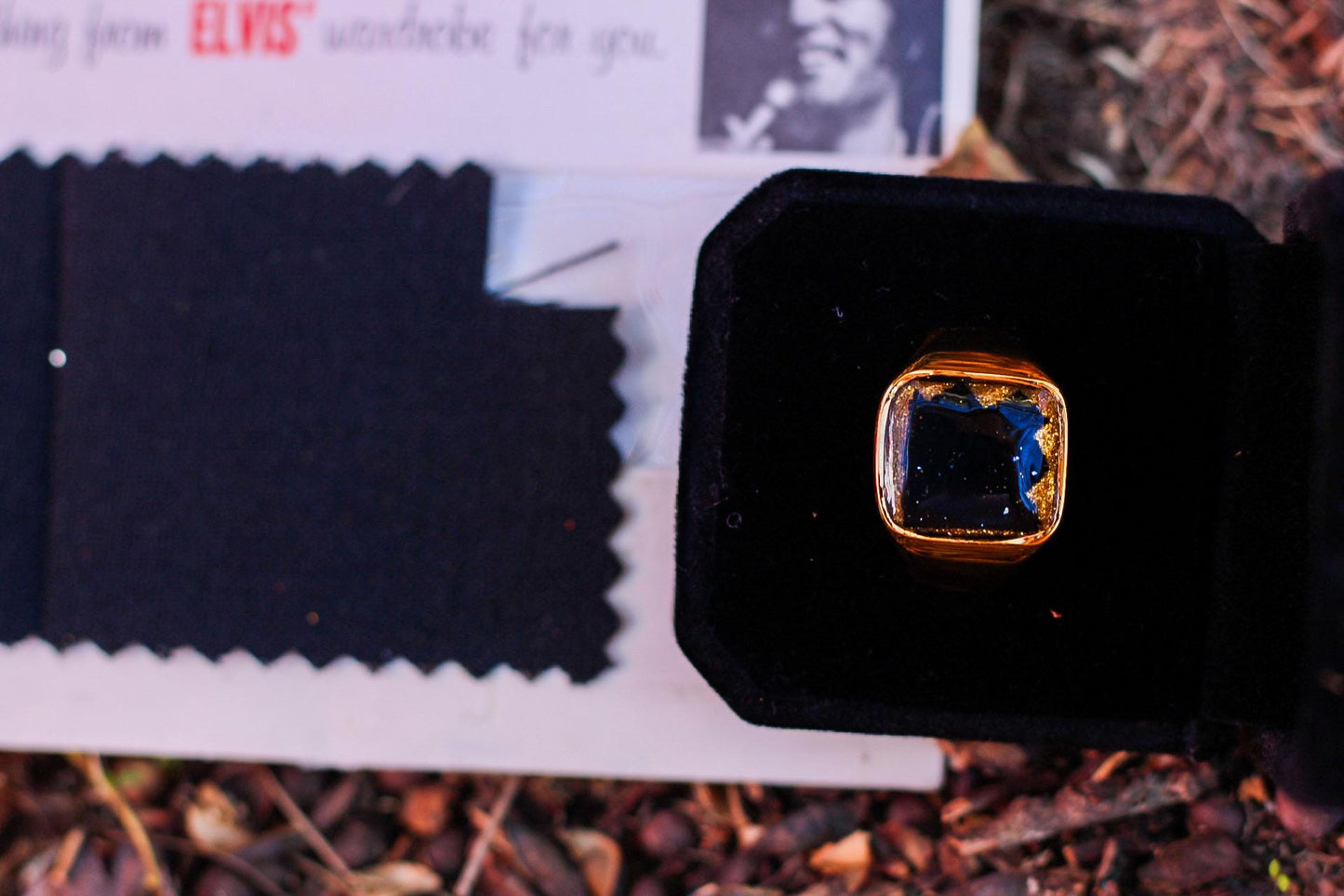 Men's Gold Plated Square Ring Featuring Fabric From Elvis Owned Clothing With Letter of Authenticity