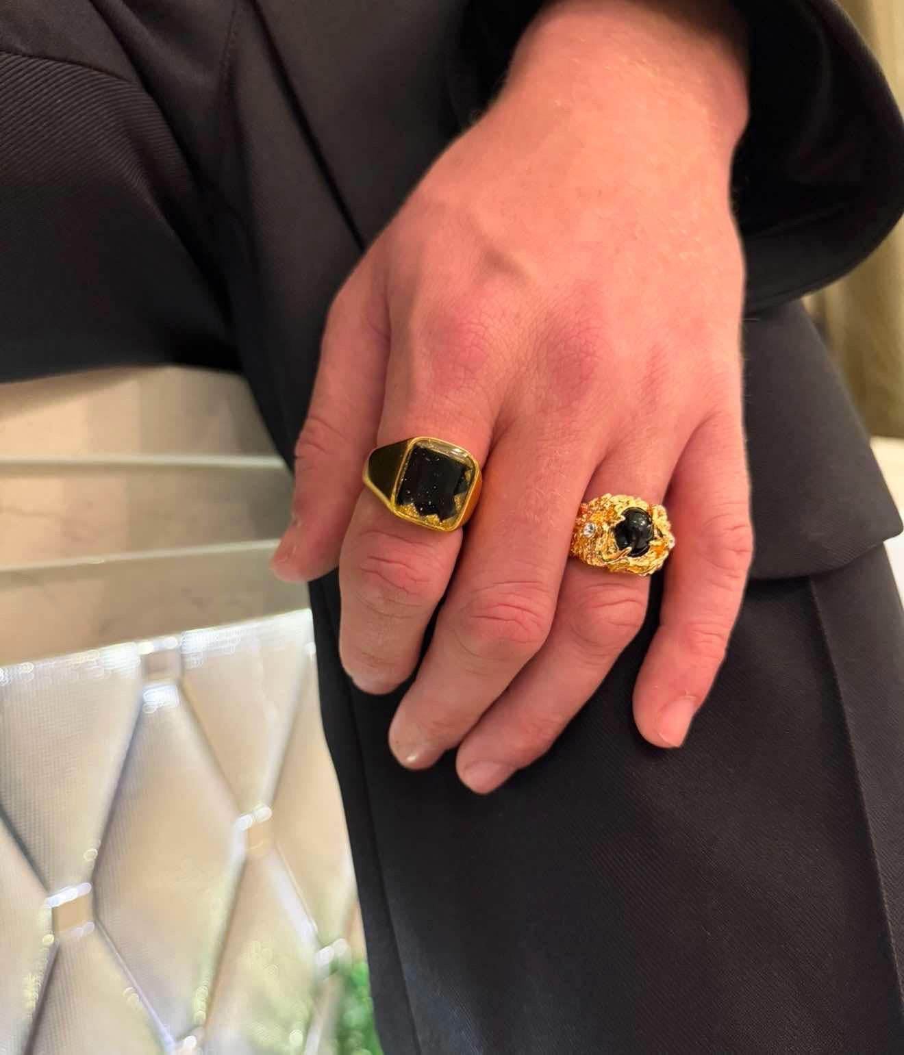 Men's Gold Plated Square Ring Featuring Fabric From Elvis Owned Clothing With Letter of Authenticity