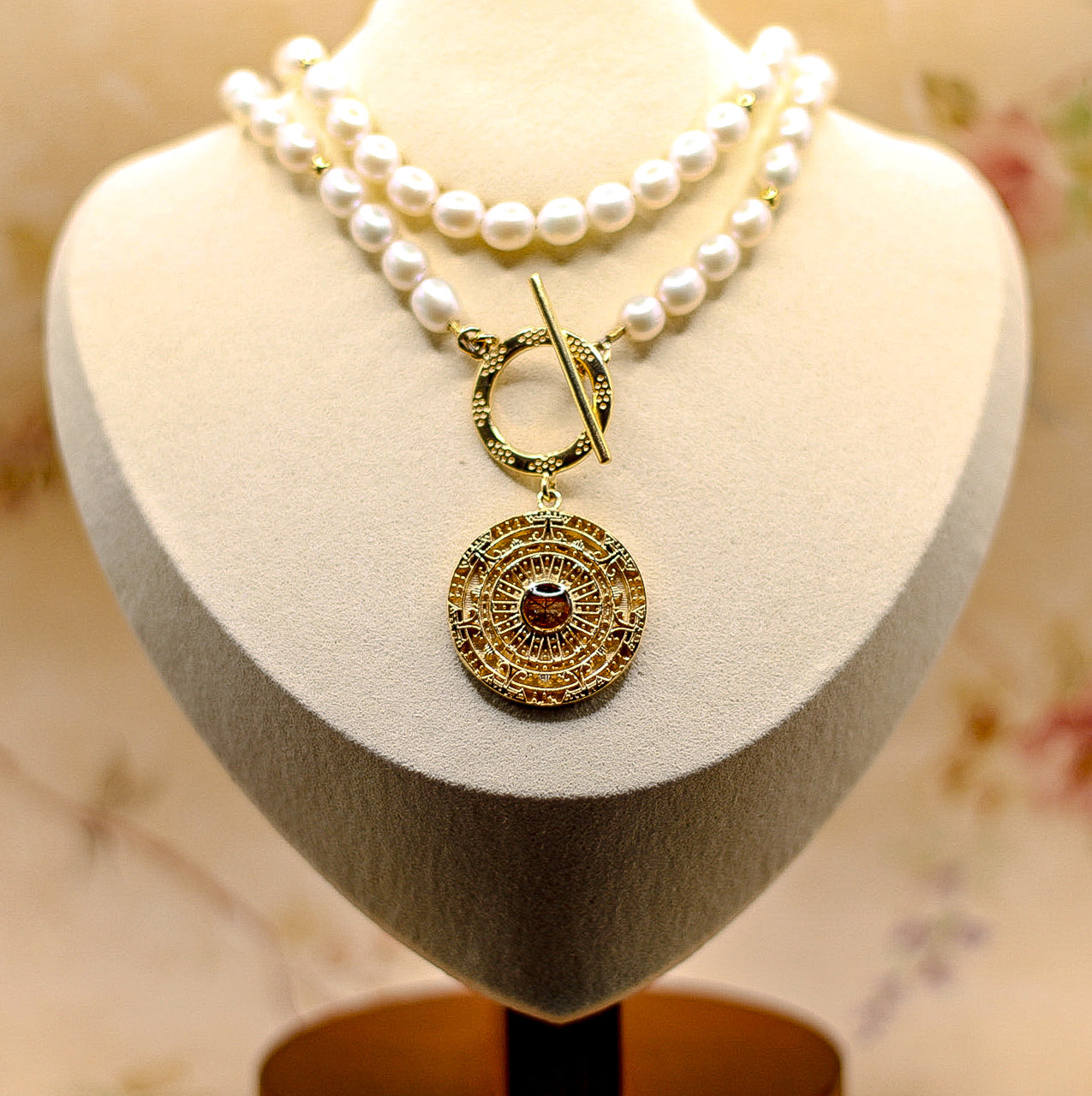 Women's Aztec Sun Freshwater Pearl Toggle Necklace with letter of authenticity