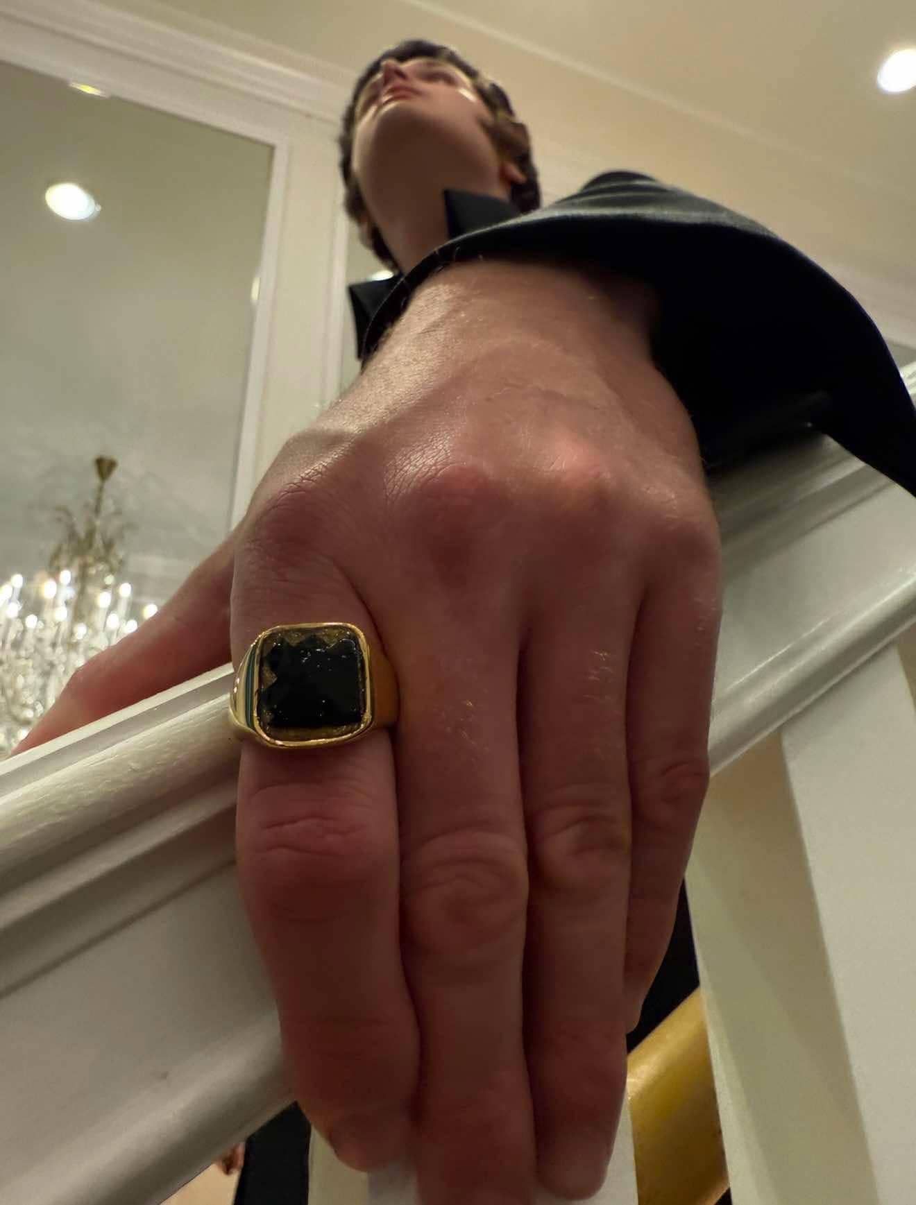 Men's Gold Plated Square Ring Featuring Fabric From Elvis Owned Clothing With Letter of Authenticity