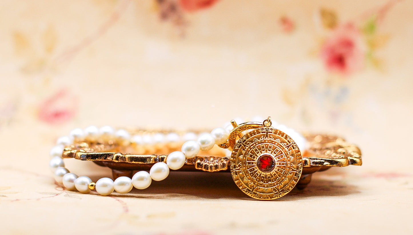 Women's Aztec Sun Freshwater Pearl Toggle Necklace with letter of authenticity