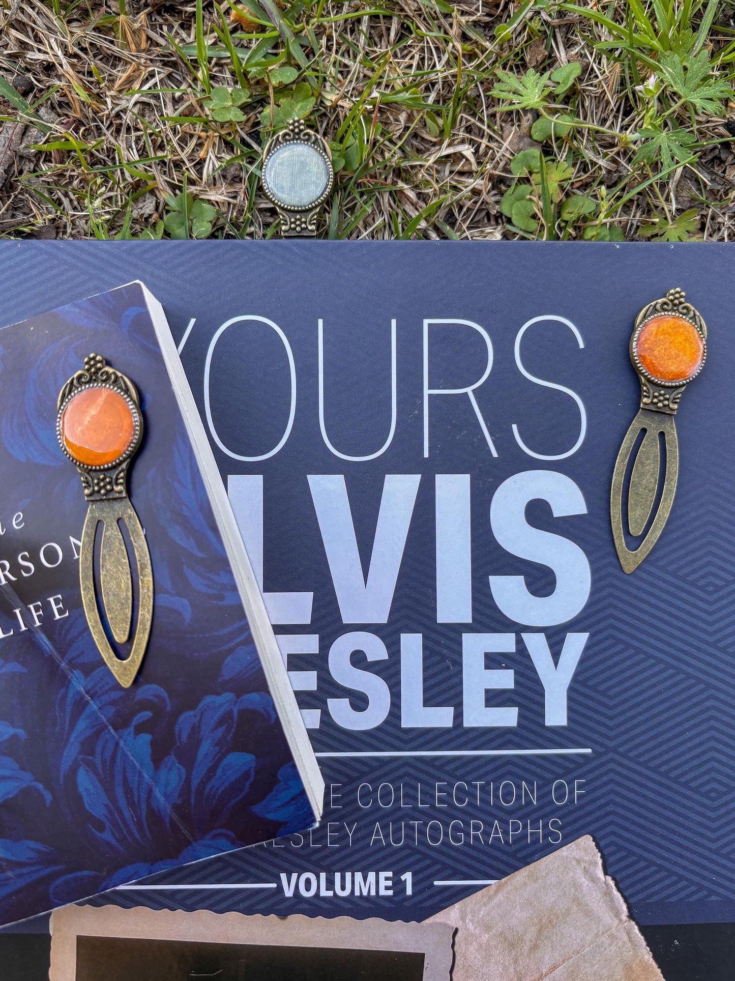 Antique Bronze Bookmark Featuring Fabric From Elvis Owned Clothing With Letter Of Authenticity