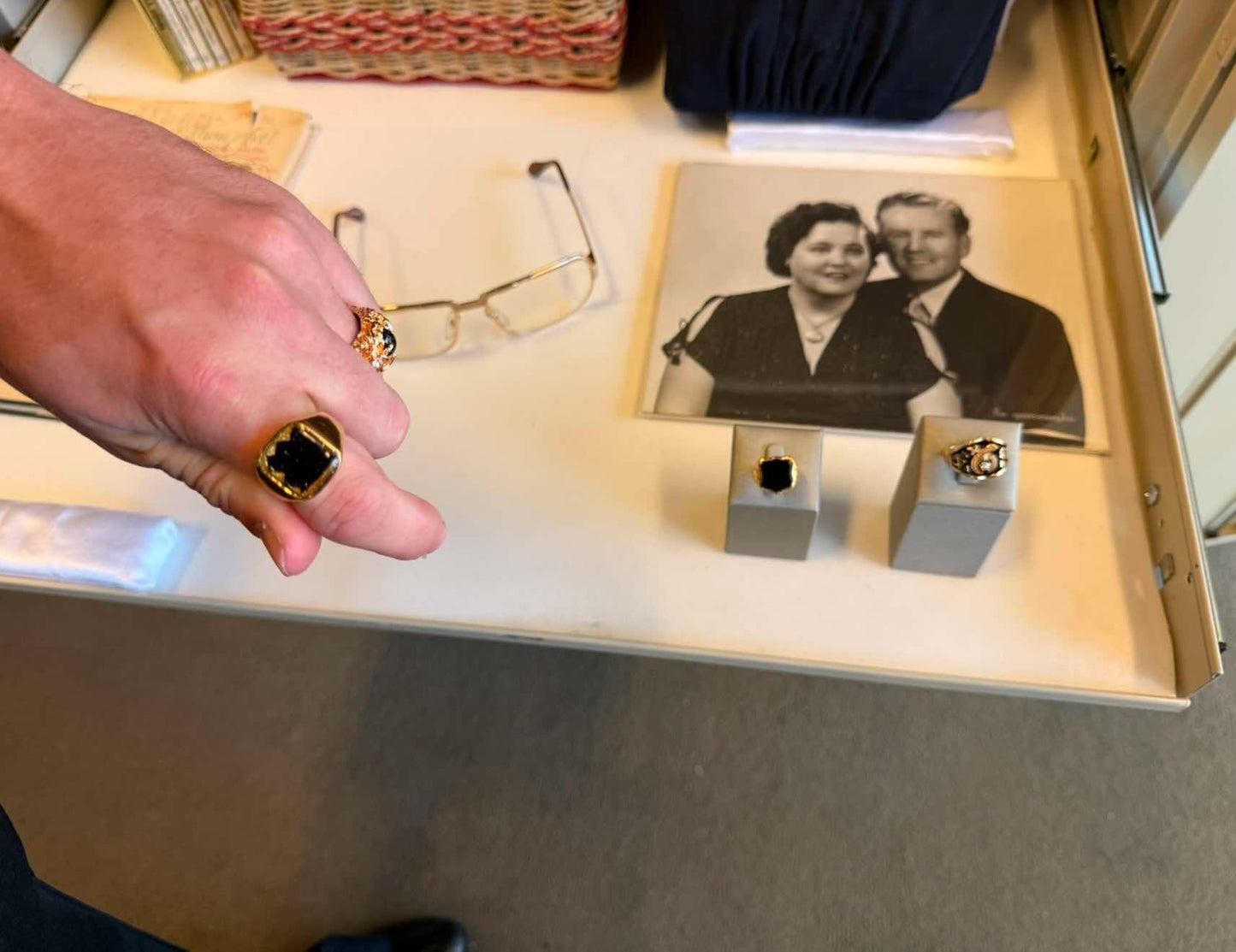 Men's Gold Plated Square Ring Featuring Fabric From Elvis Owned Clothing With Letter of Authenticity