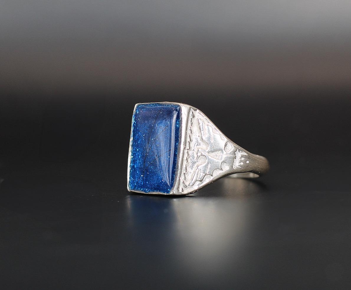 Men's Sterling Silver Thunderbird Ring Featuring Fabric From Authentic Elvis Owned Clothing With Letter of Authenticity 8x10mm bezel