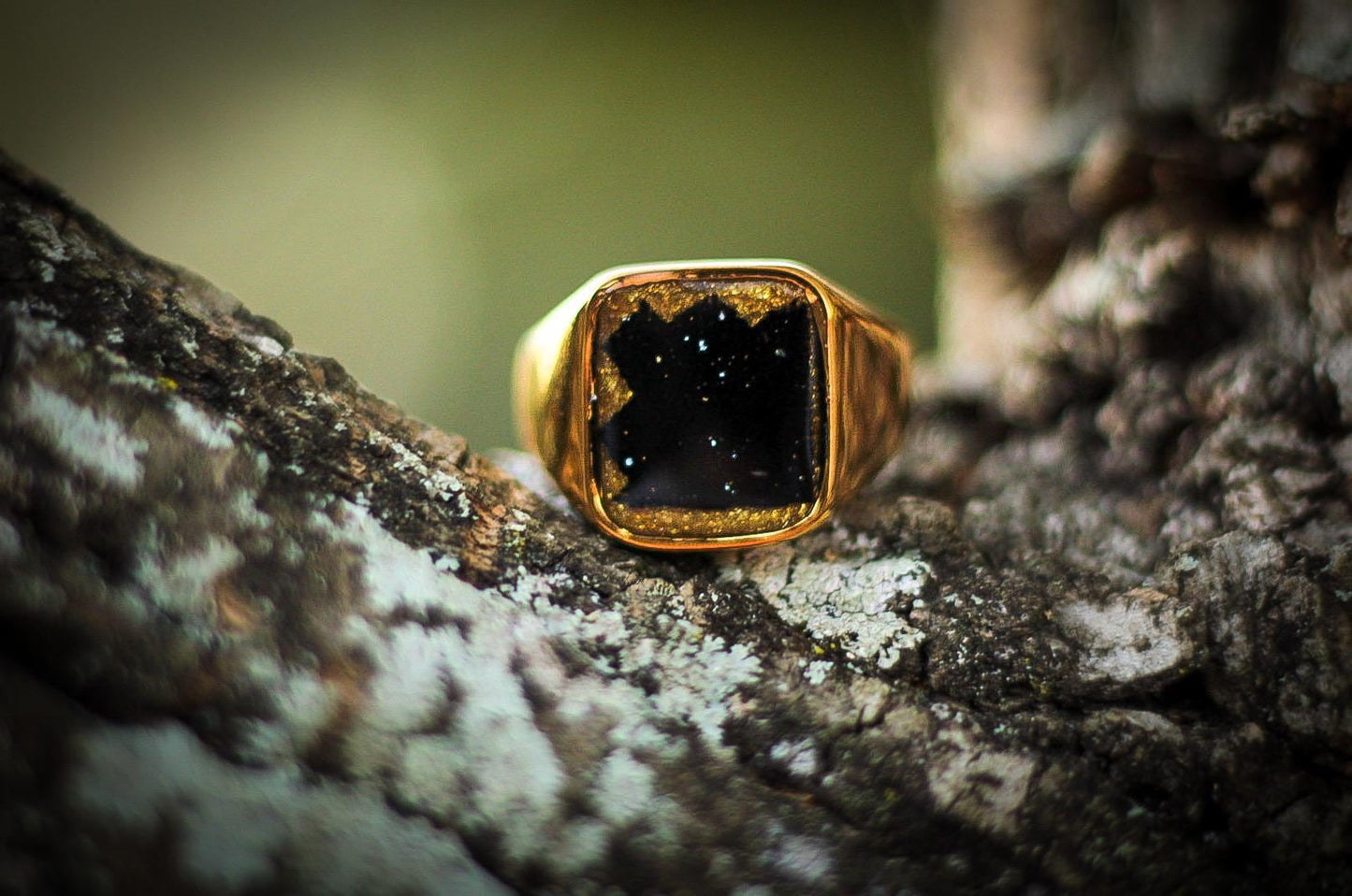 Men's Gold Plated Square Ring Featuring Fabric From Elvis Owned Clothing With Letter of Authenticity