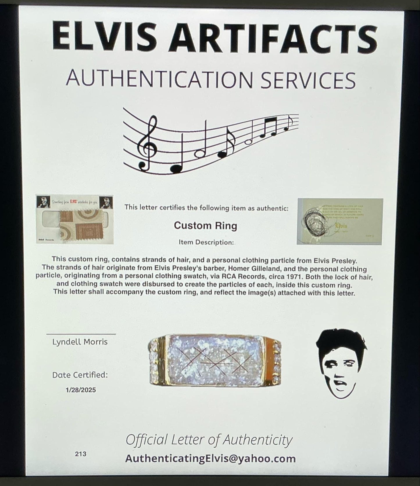Men's Elvis Owned Clothing Swatch Ring With Letter of Authenticity