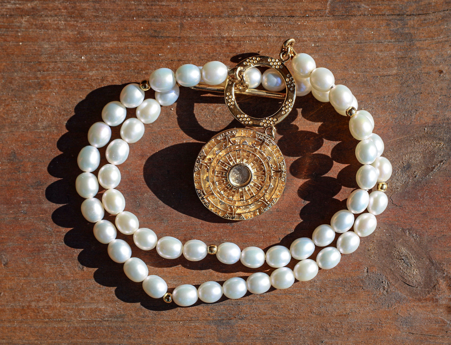Women's Aztec Sun Freshwater Pearl Toggle Necklace with letter of authenticity