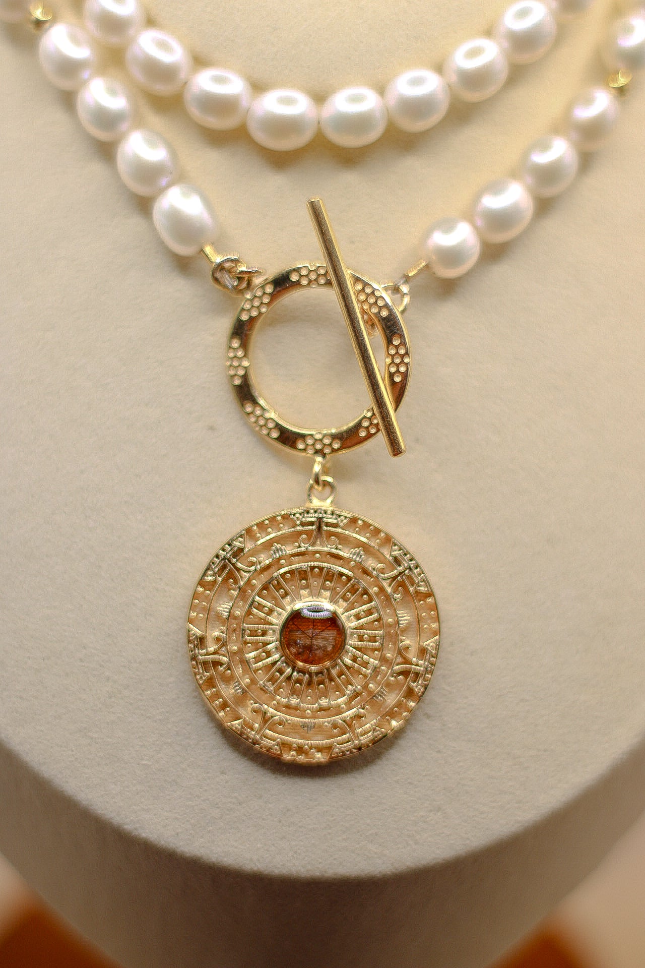 Women's Aztec Sun Freshwater Pearl Toggle Necklace with letter of authenticity