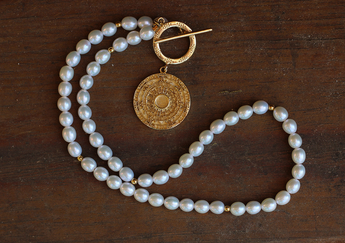 Women's Aztec Sun Freshwater Pearl Toggle Necklace with letter of authenticity