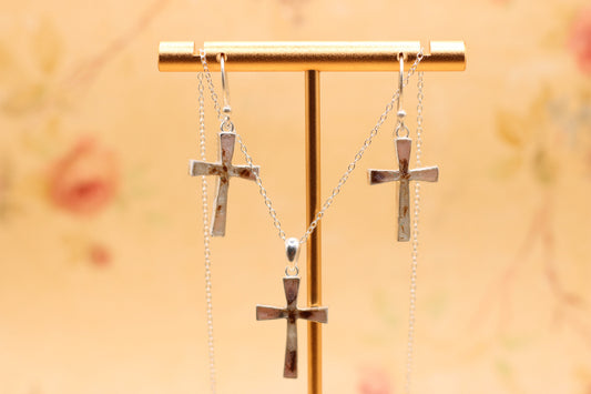 Ready to ship cross pendant necklace featuring multiple fabrics from Elvis owned clothing