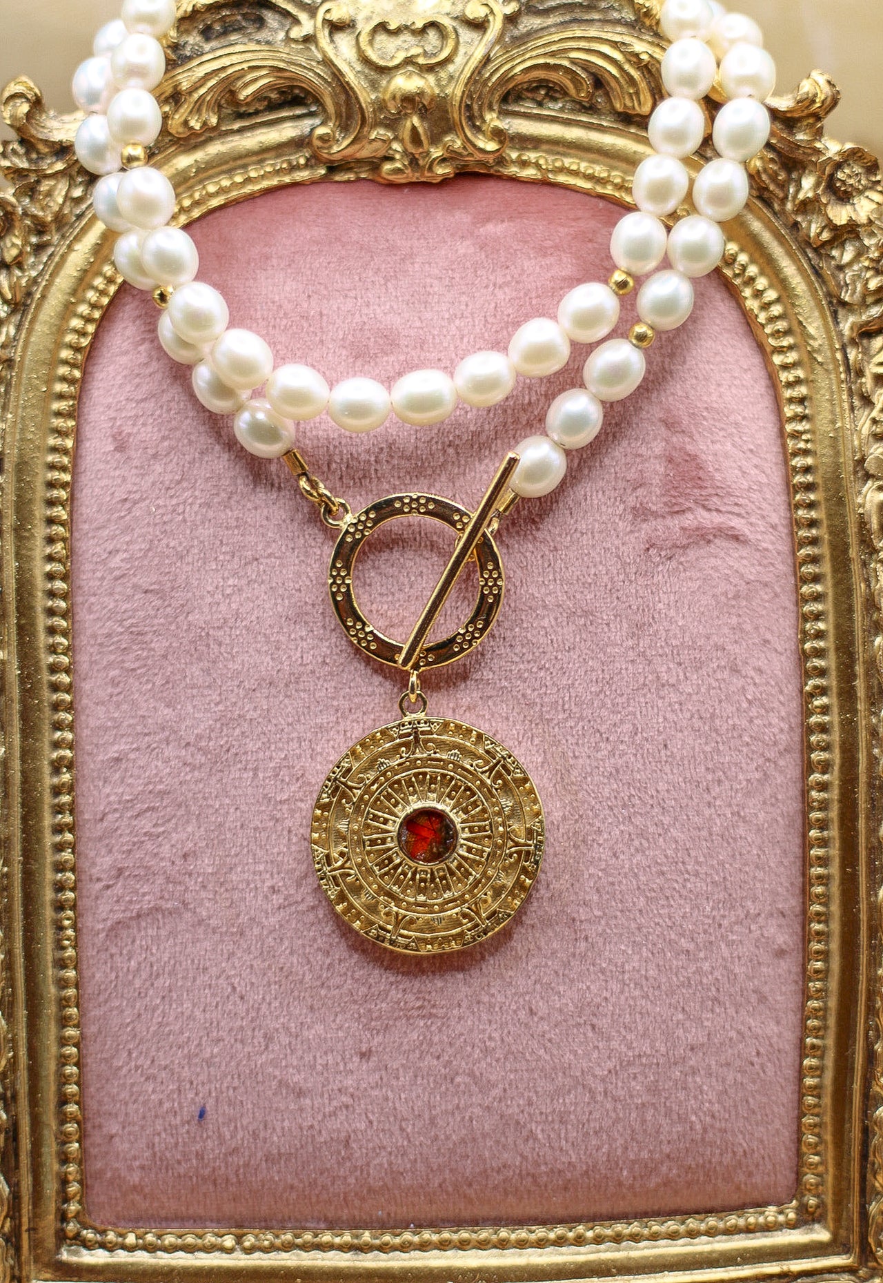 Women's Aztec Sun Freshwater Pearl Toggle Necklace with letter of authenticity