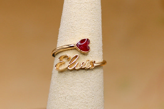Custom Script Name Ring With Heart Accent featuring fabric from Elvis owned jewelry