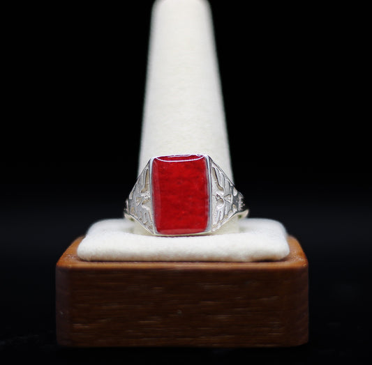 Men's Sterling Silver Thunderbird Ring Featuring Fabric From Authentic Elvis Owned Clothing With Letter of Authenticity 8x10mm bezel