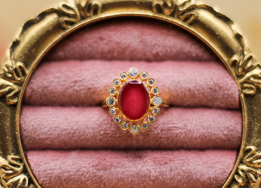 Women's Oval Ring 9x12mm bezel featuring fabric from Elvis owned clothing with letter of authenticity
