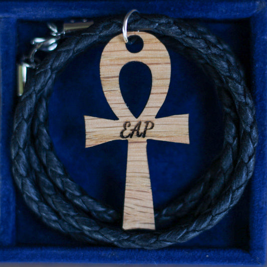 EAP Wooden Ankh Cross Pendant With 19" Braided Black Vegan Leather Necklace