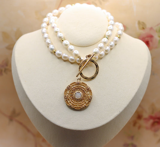 Ready to ship freshwater pearl toggle necklace with aztec sun pendant