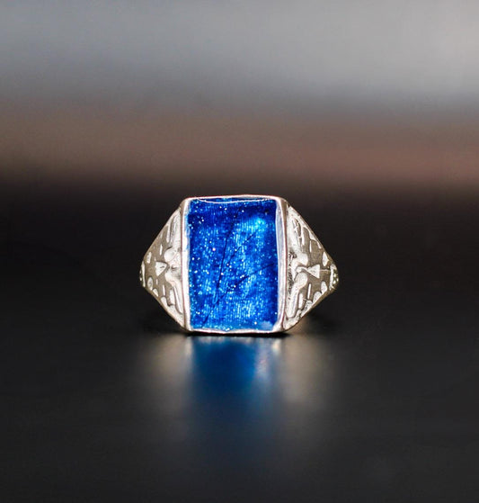 Men's Sterling Silver Thunderbird Ring Featuring Fabric From Authentic Elvis Owned Clothing With Letter of Authenticity 8x10mm bezel