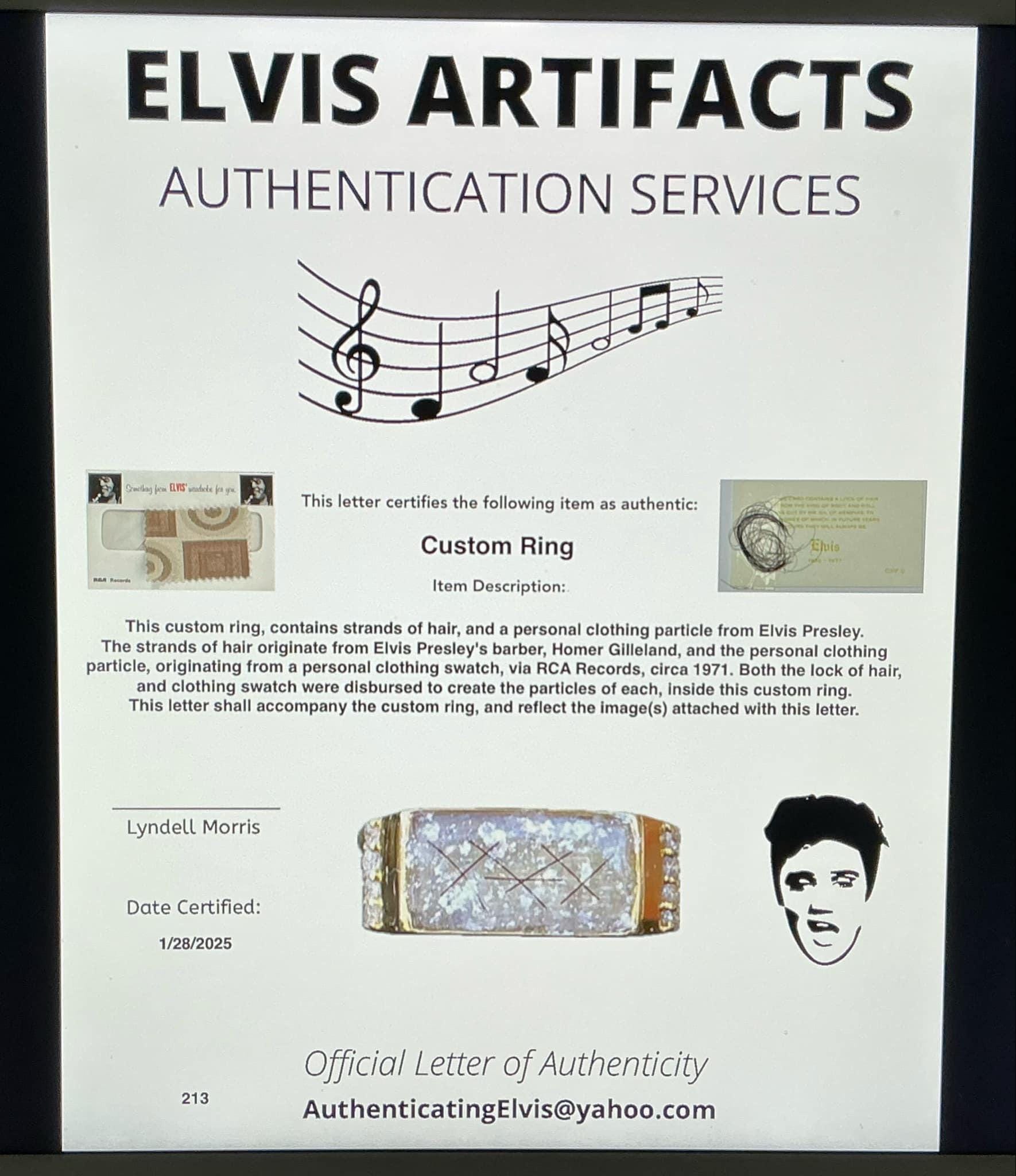 Men's Elvis Owned Clothing Swatch Ring With Letter of Authenticity